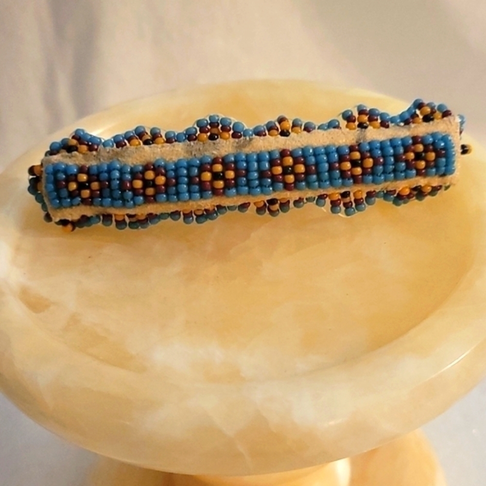 HANDMADE Cowboy Core Navajo Design Seed Beaded Leather Barrette